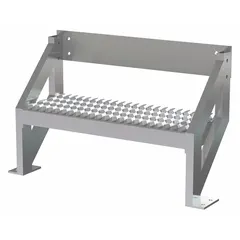 This stairway ladder provides access to elevated platforms or mezzanines in industrial settings such as warehouses and assembly lines. Constructed from aluminum with a gray finish, it measures 29 inches wide and 10 inches deep. Handrails are not included.