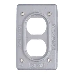 Malleable iron weatherproof cover for FS-series boxes, designed for duplex receptacles. Single-gang, gray finish. Supports horizontal or vertical mounting. Provides protection for electrical connections in outdoor or damp locations.