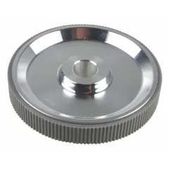 Aluminum measuring wheel with center screw mount and 10 mm mounting hole diameter. Designed for use with an encoder to convert rotary motion into linear measurement for length monitoring, positioning, or cut-to-length control in industrial automation systems.
