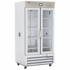 This upright chromatography refrigerator provides a temperature range of 1°C to 10°C for storing temperature-sensitive samples, reagents, and media. It features a white swing glass door with right-hand opening and a temperature alarm. Uses R-290 refrigerant. Suitable for laboratory and pharmaceutical cold storage applications.
