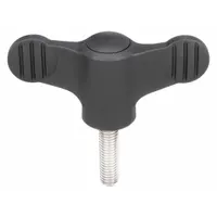 Wing knob with threaded stud for manual clamping, positioning, and adjustment on machinery and fixtures. Plastic body with steel M8 thread, 30 mm thread length, 50 mm diameter. Allows quick hand tightening without tools