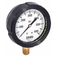 SPAN LFS-210 dial pressure gauge with freeze- and clog-resistant internal seal. Range 0-6000 psi, ±1.00% accuracy, 2 1/2 in dial. Glycerin-filled case dampens vibration. Brass/copper wetted parts, brass lower housing. For hydraulic and pneumatic systems