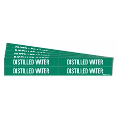 Green adhesive pipe marker with white legend text reading 'Distilled Water'. Fits pipe outer diameters from 3/4 to 2-3/8 inches. Pack includes 4 markers without arrows, supplied in a 5-pack quantity. Used to identify pipes carrying distilled water in industrial and commercial facilities.