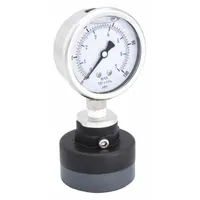 Dial pressure gauge with thermoplastic diaphragm seal for measuring pressure in corrosive or viscous media. Features a 2 1/2 in dial, 0-100 psi range, ±1.60% accuracy, 304 stainless steel case, stainless steel wetted parts, glycerin-filled case, and mineral oil seal fill. PVC seal lower housing resists chemical attack. Suitable for chemical processing, water treatment, and industrial fluid systems