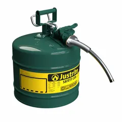 JUSTRITE Type II safety can designed for controlled dispensing of oil. 5-gallon capacity with a 5/8 in OD hose. Green finish. Suitable for industrial fluid handling applications where spill prevention is required.