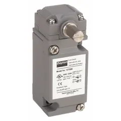 This Dayton rotary-motion limit switch features a rotary lever actuator style with non-metallic construction. It includes screw terminals and a SPDT contact configuration. Typical applications include position sensing in industrial machinery and conveyor systems.