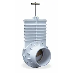 This 12-inch PVC gate valve features a rising stem, slip x slip connections, a solid wedge, and a lever operator. Rated for 10 psi CWP, it is constructed with a PVC body, TPE seals, and 304 stainless steel trim. Suitable for on/off control in low-pressure water and corrosive fluid systems.