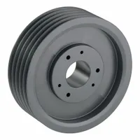 Cast-iron wedge V-belt pulley with bushed bore and 5 grooves. Outside diameter 18 in, pitch diameter 18 in (8V). Designed for 8V or 8VX belt sections. Used in industrial power transmission systems to drive heavy machinery such as compressors, pumps, and conveyors