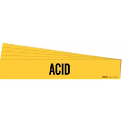 Yellow adhesive pipe marker with black legend reading 'Acid', designed for pipes with outside diameter of 8 inches and larger. Each pack contains 5 markers without directional arrows. Used to identify pipes carrying acid in industrial facilities.