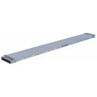 Aluminum ladder plank with a maximum overall length of 17 ft and an overall width of 14 in. Used as a walkway or work platform on scaffolding systems for tasks at height