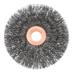 This light-cleaning brush is designed for carbon steel surfaces, featuring a crimped steel fill of 0.014" and a 2 1/2" diameter by 1/2" width. It fits a 1/2" to 3/8" arbor and is used for removing rust, scale, and light burrs in maintenance, fabrication, and metalworking applications.
