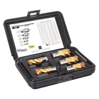 This annular cutter set includes five cobalt cutters with a TiN coating and a Weldon Flat shank. Each cutter has a 1-1/16 in diameter and a 1 in maximum cutting depth. A pilot pin is included. Typical applications include cutting clean, accurate holes in metal using a magnetic drill press