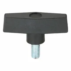 This T-handle knob features a plastic body with a steel threaded stud for manual clamping, positioning, and adjustment on industrial machinery, jigs, and fixtures. Thread size is 3/8"-16 with a 0.75 in thread length. Manufacturer part number GN6C0750T7---21.