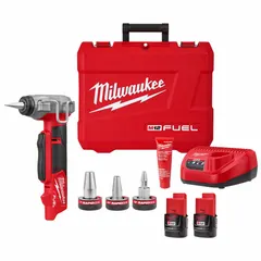 This cordless expansion tool kit is designed for expanding PEX tubing up to 1 inch diameter in plumbing and radiant heating systems. It operates on the M12 Fuel platform and includes two M12 2 Ah batteries. The kit enables tool-free expansion of ProPEX fittings for residential and commercial installations.