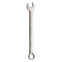 This SAE 12-point combination wrench features a 1 7/8 in head size and an offset design for accessing recessed fasteners. Made from alloy steel with a satin finish, it has an overall length of 25 3/4 in. Suitable for tightening or loosening bolts in maintenance and repair tasks.