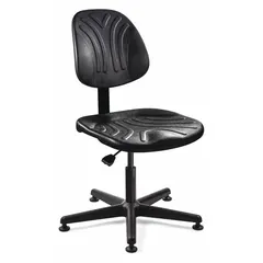 Armless office chair with a black plastic frame. Back height is 14 1/2 inches and seat width is 19 1/4 inches. Suitable for general workspace seating in industrial offices, control rooms, or assembly stations where a compact, simple chair is required.