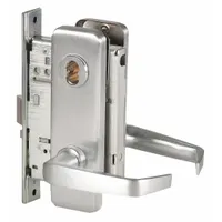 This BEST storeroom lever lockset features a satin chromium-plated stainless steel finish and a 40H escutcheon style. It is ADA compliant with an interchangeable core and ANSI F07 function, allowing free egress from inside while locking from outside. Suitable for commercial doors requiring secure access control