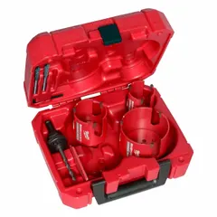 Hole saw kit for cutting clean holes in wood. Suitable for carpentry, electrical, and plumbing applications where precise wood boring is required. Includes multiple hole saw sizes for versatility on job sites.