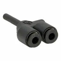 This push-fit wye fitting is made of fiberglass-reinforced nylon. It has three 1/8 in OD tube connections for branching or combining lines in pneumatic or fluid systems