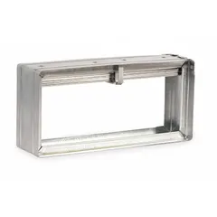 Rectangular fire damper with curtain blade type and gravity closure for vertical mounting. Measures 13 3/4 in width, 11 3/4 in height, and 3 3/4 in length. Used in HVAC ductwork to automatically close and block flame spread during a fire.