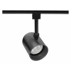 Incandescent roundback track lighting head rated 50 W, 3 1/2 in diameter, 5 in length. Black finish with black baffle. Used for directional accent lighting in commercial and industrial settings, such as displays or workstations.