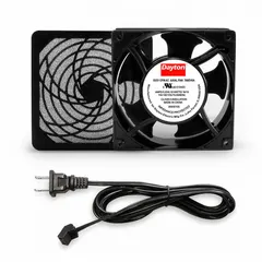 Standard square axial fan kit with polycarbonate blades, delivering 51 to 55 cfm airflow at 0.000 in static pressure. Includes cord set with NEMA 1-15 plug. Height 4-3/4 in, depth 1 in, terminals, IP20 rating. Suitable for cooling and ventilation in electronic enclosures, control panels, and small equipment.