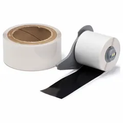 Continuous polyester floor marking tape with rubber adhesive, 2 inches wide by 50 feet long, in black gloss finish. Designed for use with the M710 printer series and M7-R4400-WT ribbon to create custom legends. Commonly used for aisle marking, hazard zone delineation, and safety boundary identification in industrial environments.