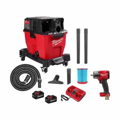 This kit includes an M18™ 18V cordless impact wrench and a vacuum, both powered by the included M18™ battery. The impact wrench is used for fastening and loosening bolts, while the vacuum handles debris cleanup. Suitable for general maintenance and repair tasks requiring cordless mobility.