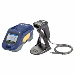 This Bluetooth-connected portable printer features a 2-inch print width and 300 dpi resolution. It includes a handheld scanner, white self-laminating wrap labels (M6-11-427), and the Brady Workstation Product and Wire ID Software Suite. Battery included. Suitable for on-site cable and wire labeling in industrial settings.