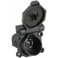 This 7-way T-Connector is constructed from PVC and accommodates 14 to 16 gauge wiring. It provides a standard electrical interface for connecting a tow vehicle to a trailer, supporting functions such as brake lights, turn signals, and auxiliary power. Suitable for use on RV and industrial trailers