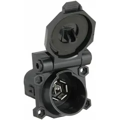 This 7-way T-Connector is constructed from PVC and accommodates 14 to 16 gauge wiring. It provides a standard electrical interface for connecting a tow vehicle to a trailer, supporting functions such as brake lights, turn signals, and auxiliary power. Suitable for use on RV and industrial trailers.