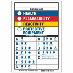 Blank write-on sign for HMIS/HMIG hazard classification systems. Allows manual entry of health, flammability, reactivity, and personal protection ratings. Suitable for labeling chemical storage areas, laboratories, and industrial facilities requiring customizable hazard communication.