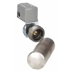 Side-mounted float switch for liquid level detection in industrial tanks and vessels. Features a 45° float rod angle, screw clamp electrical connection, and a minimum media specific gravity of 0.85. Suitable for high-level alarm or pump control applications.