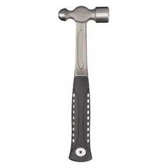 Steel ball-peen hammer with a textured grip for secure handling. The 12 oz head features a 1-1/8 in diameter face for striking and a rounded ball end for peening and shaping metal. Commonly used in metalworking, automotive repair, and fabrication for tasks such as riveting, forming curves, and striking chisels.