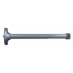 This DETEX rim-type exit device features a touchbar style and is finished in black. Designed for doors up to 36 inches wide, it provides push-pad egress and is ADA compliant. Suitable for commercial and industrial applications requiring safe, accessible door hardware.