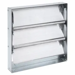 This backdraft damper is designed for horizontal mounting in duct systems with horizontal airflow. It features a flat blade construction and is rated for a maximum air velocity of 2000 fpm. Suitable for use with a 12-inch fan and 14-inch nominal duct diameter in commercial ventilation and exhaust applications.