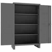 This stationary industrial shelf cabinet features welded steel construction with a powder-coated gray finish. It includes three adjustable shelves and a pegboard panel for versatile storage of tools and parts. The cabinet has a swing handle with padlock hasp and 12 ga panel thickness, resting on legs for stability
