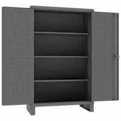 This stationary industrial shelf cabinet features welded steel construction with a powder-coated gray finish. It includes three adjustable shelves and a pegboard panel for versatile storage of tools and parts. The cabinet has a swing handle with padlock hasp and 12 ga panel thickness, resting on legs for stability.