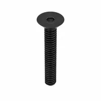 Flat head socket cap screw with #10-24 thread, 1 1/4 in length, and 1/8 in drive size. Made of black oxide alloy steel with right-hand thread. Supplied in a 100-piece pack. Used for flush, countersunk fastening in machinery, jigs, and fixtures