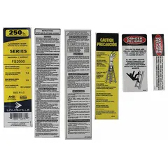 This label kit provides replacement safety and identification labels for Louisville Ladder models FS2004, FS2005, FS2006, FS2007, and FS2008. It is used to restore legible warnings and compliance markings on industrial ladders, supporting workplace safety and regulatory adherence.