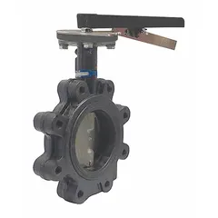 This 4-inch ductile iron butterfly valve features a concentric design with a lug-style body and lever handle. The ductile iron disc is rated for 200 psi CWP. Suitable for on/off service in industrial fluid-handling systems such as water, oil, and gas lines.