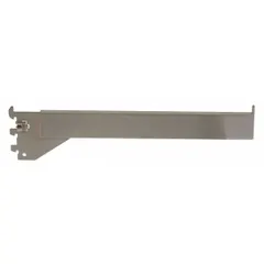Steel rectangular faceout with satin-chrome finish, measuring 1/4 in x 12 in x 1 in. Features 1/2 in slot length and 1 in slot spacing. Designed for hanging mount on single slotted standards, suitable for retail displays and stockroom organization.