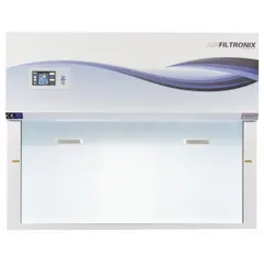 This fully assembled ductless fume hood includes a blower, base/stand, and work surface. Overall dimensions are 35 3/8 inches wide by 37 3/8 inches high. It is designed for containing hazardous fumes, vapors, and particulates in laboratory and industrial settings, recirculating filtered air without ductwork.