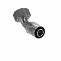 Steel 45° elbow hydraulic crimp fitting with female M42-2 metric thread on one end and genderless crimp connection for -16 dash size hose. Used in fluid power systems to connect metric-threaded ports to hydraulic hose assemblies