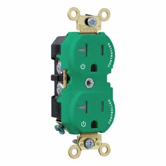 General-purpose duplex receptacle with NEMA 5-20 configuration, rated 125V AC, 20A, 2-pole/3-wire grounding. Green nylon housing. Suitable for powering equipment in commercial and industrial environments requiring a 20A, 125V outlet.