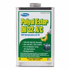 Polyol ester synthetic refrigeration oil with ISO-32 viscosity grade. Compatible with HFC refrigerants, specifically R-32, and A2L rated for mildly flammable refrigerants. Yellow color, 150 SUS viscosity, -52°F pour point. Suitable for use in refrigeration and air conditioning compressors.