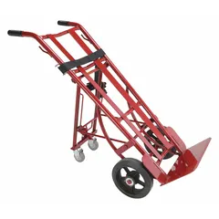 This ergonomic tilt-back hand truck from Dayton is designed for moving heavy loads in warehouses, factories, and distribution centers. It features a dual-handle steel frame in red and tread on core wheels for stable transport. The 1000 lb capacity supports repetitive material handling tasks while reducing operator strain.