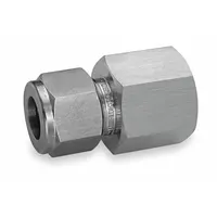 This stainless steel double-ferrule compression fitting adapter connects 25 mm OD tubing to a 1 in female NPT threaded port. The compression end uses a two-ferrule design to create a leak-tight seal on the tube. It is used in fluid systems for instrumentation, chemical processing, and hydraulic applications