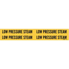 These adhesive pipe markers are used to identify low-pressure steam piping in industrial facilities. The yellow background with black legend provides clear visibility. Each marker fits pipe outer diameters from 3/4 to 2-3/8 inches. Pack includes 4 markers without arrows.