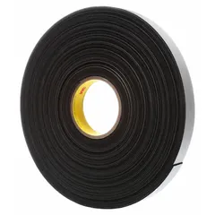 This 3M sealing tape features a conformable, closed-cell vinyl foam backing that provides a barrier against dust, moisture, and vibration. Each roll is 1 inch wide by 36 yards long, sold in a 9-pack of black tape. Suitable for gasketing, cushioning, and sealing applications in industrial equipment, HVAC, and electrical enclosures.